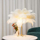 Luxury Ostrich Feather Palm Tree Table Lamp with Brass Base and Portable Design