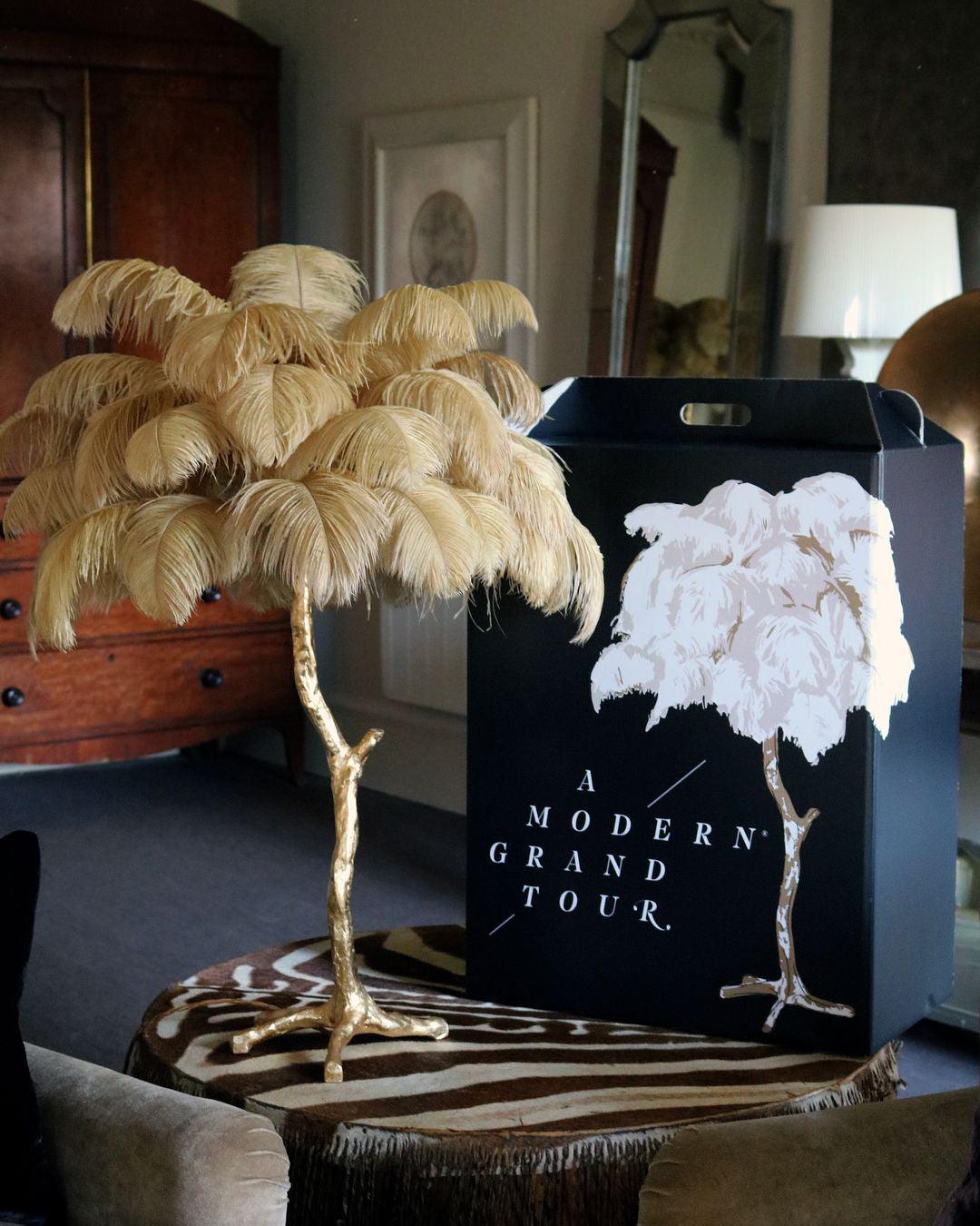 Luxury Ostrich Feather Palm Tree Table Lamp with Brass Base and Portable Design
