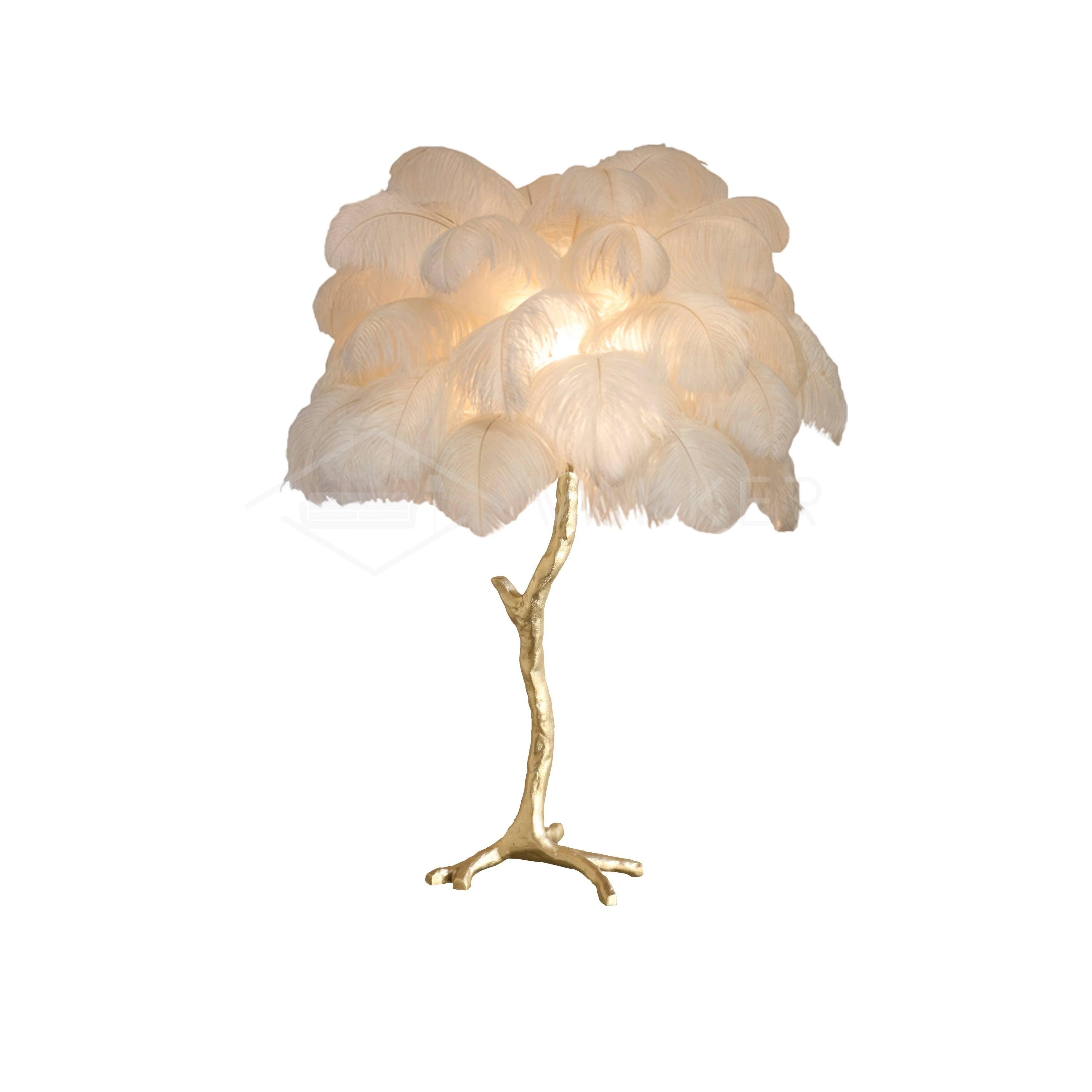 Luxury Ostrich Feather Palm Tree Table Lamp with Brass Base and Portable Design