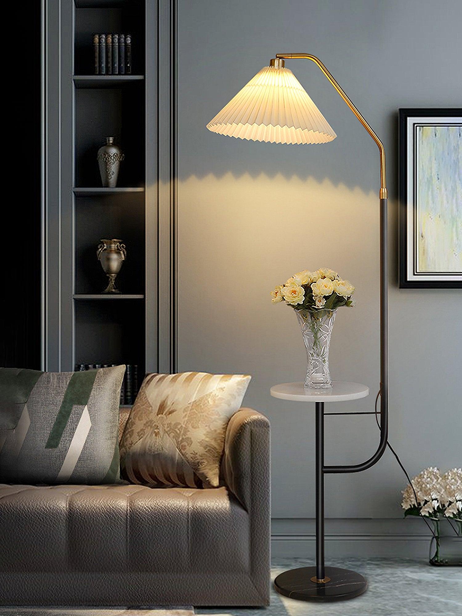 Modern Metal and Marble Standing Floor Lamp with Integrated Side Tray Table