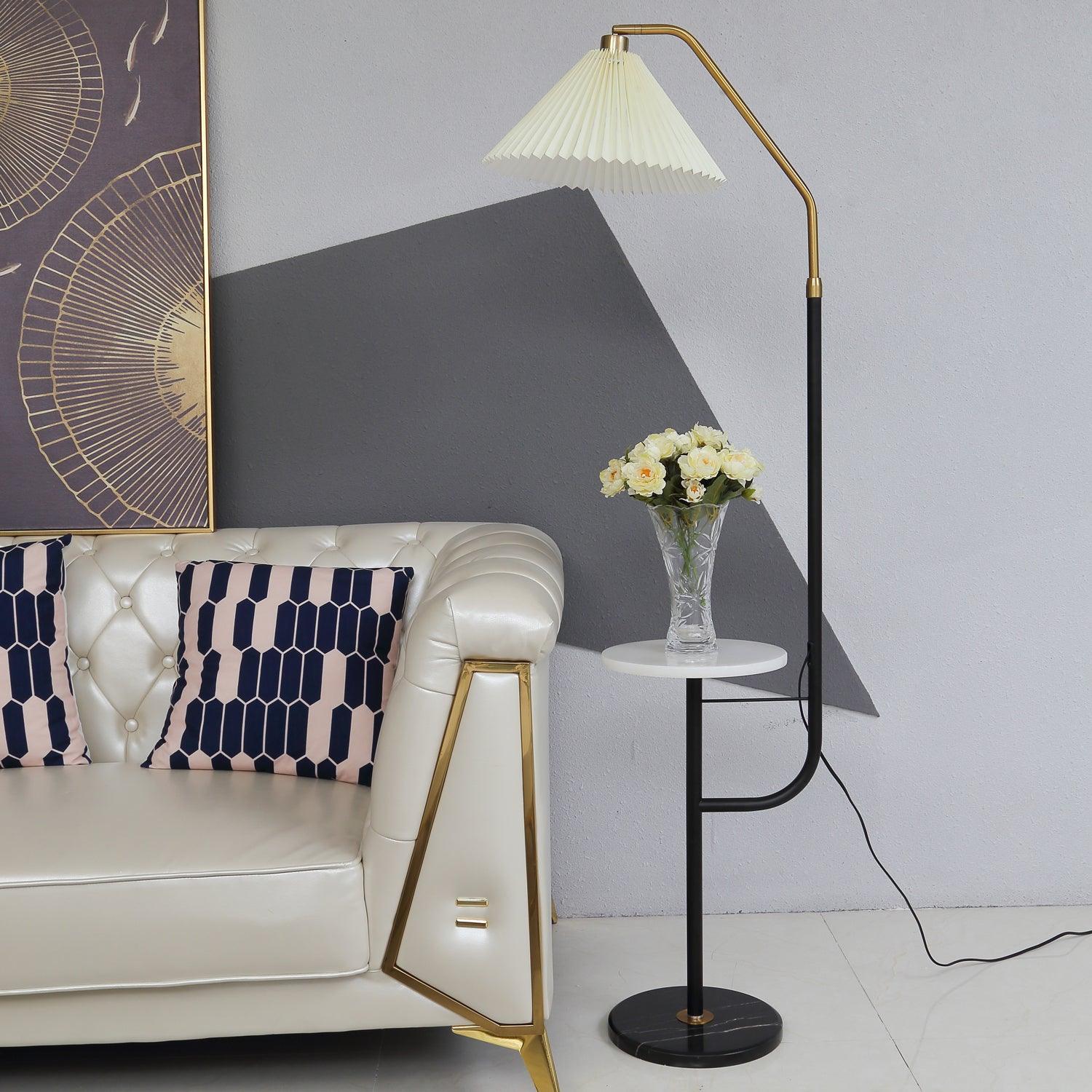 Modern Metal and Marble Standing Floor Lamp with Integrated Side Tray Table