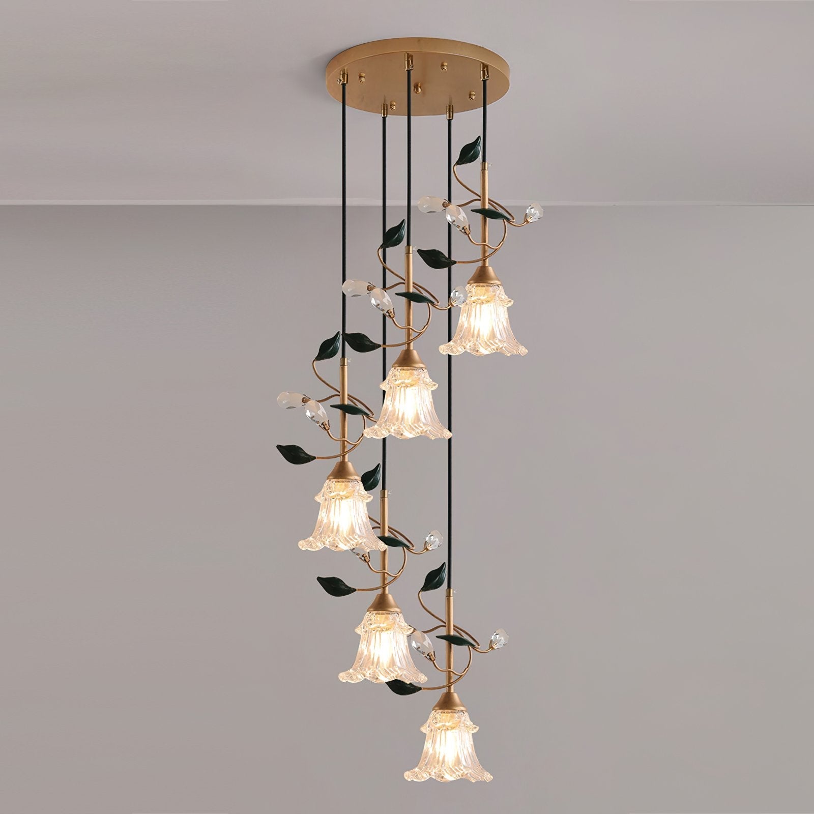 floral-glass-pendant-light-with-crystal-accents-and-pastoral-flower-design