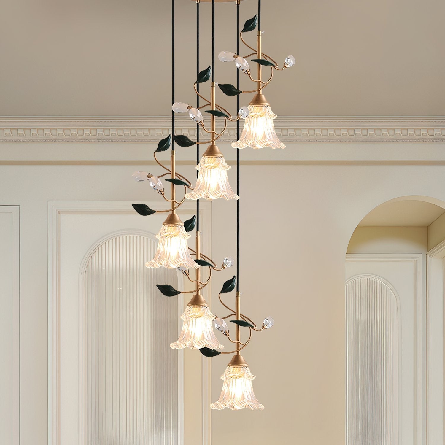 floral-glass-pendant-light-with-crystal-accents-and-pastoral-flower-design