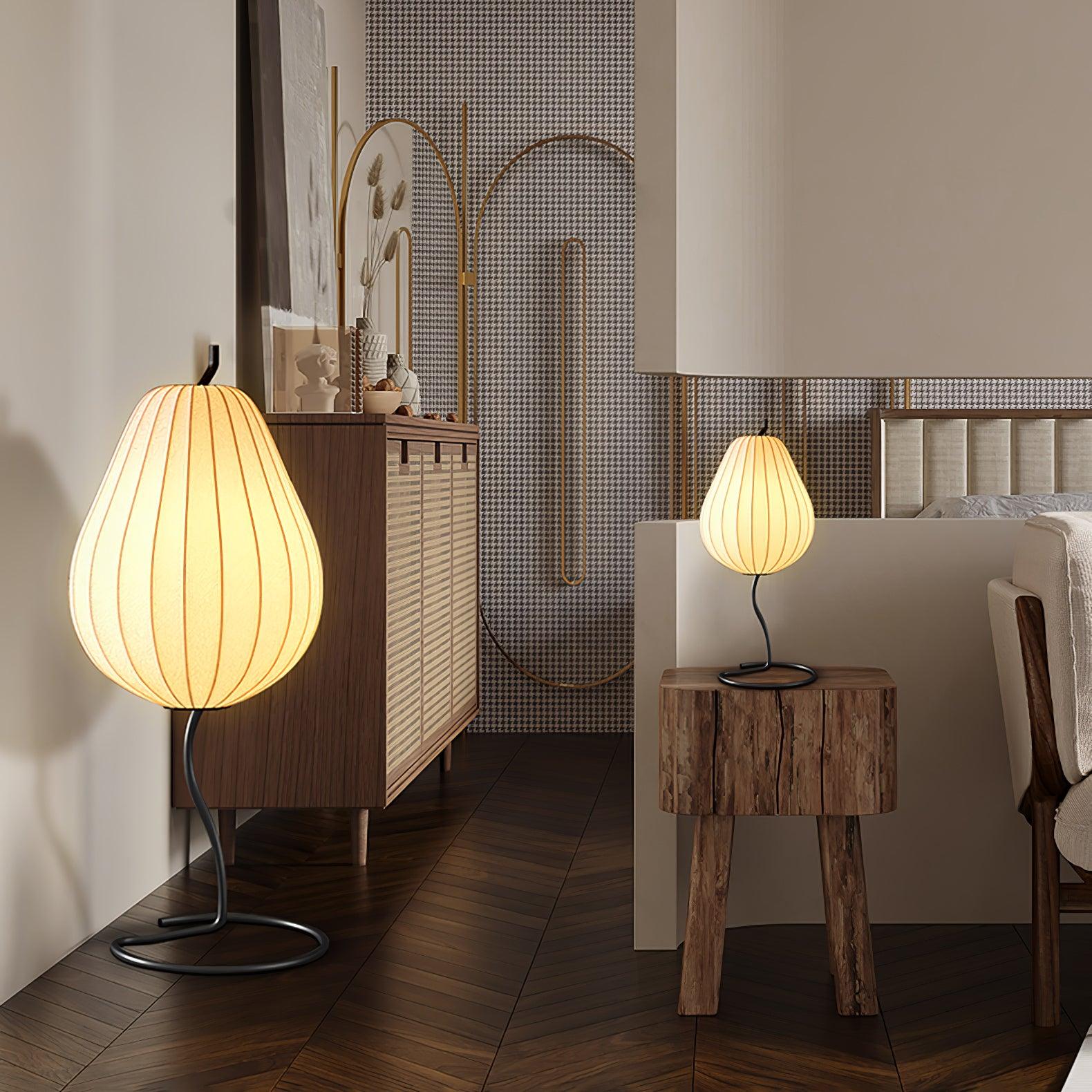 Elegant Silk Fabric Pear Floor Lamp for Living Room with Contemporary Black Metal Base