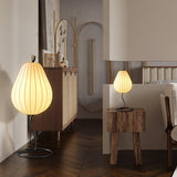 Elegant Silk Fabric Pear Floor Lamp for Living Room with Contemporary Black Metal Base