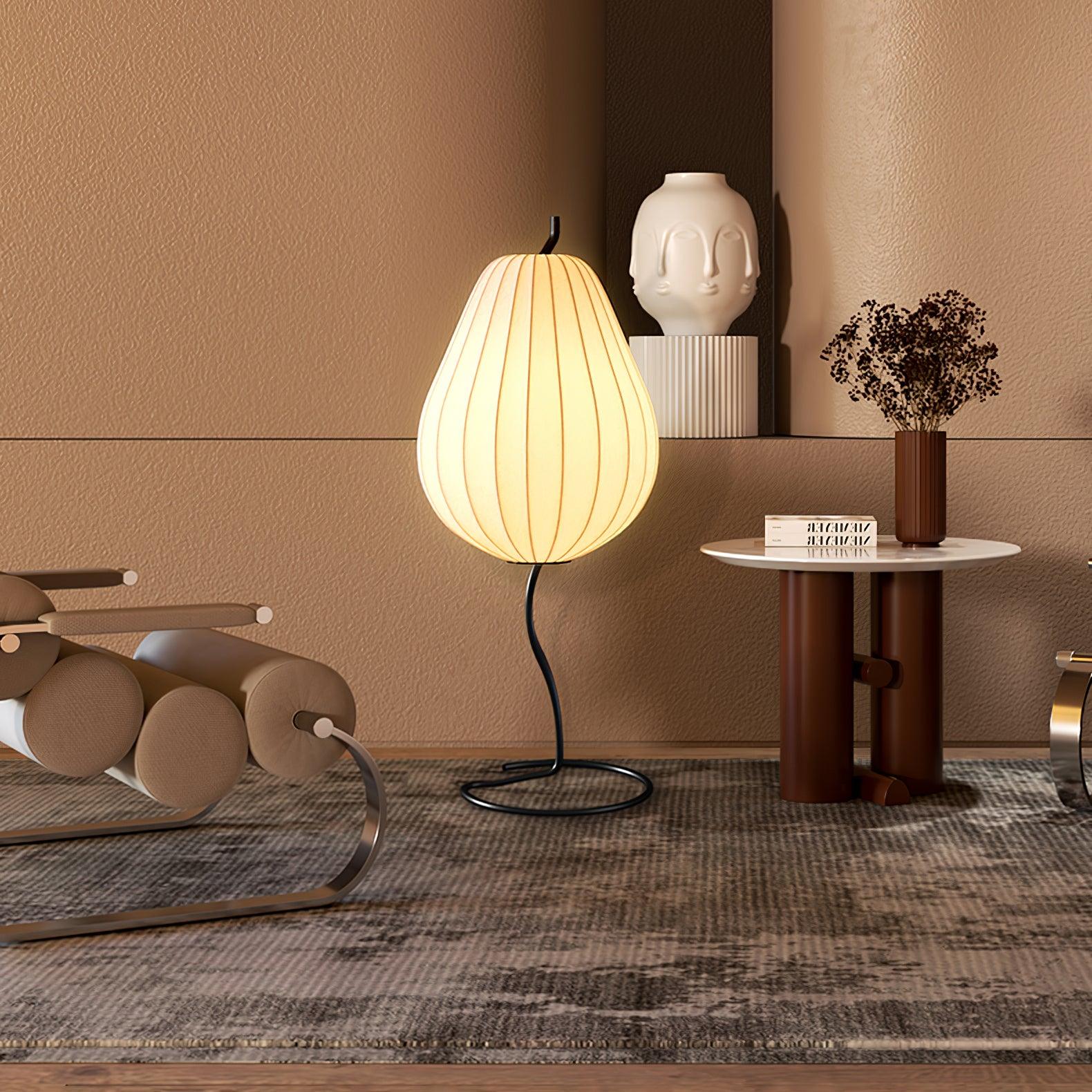 Elegant Silk Fabric Pear Floor Lamp for Living Room with Contemporary Black Metal Base