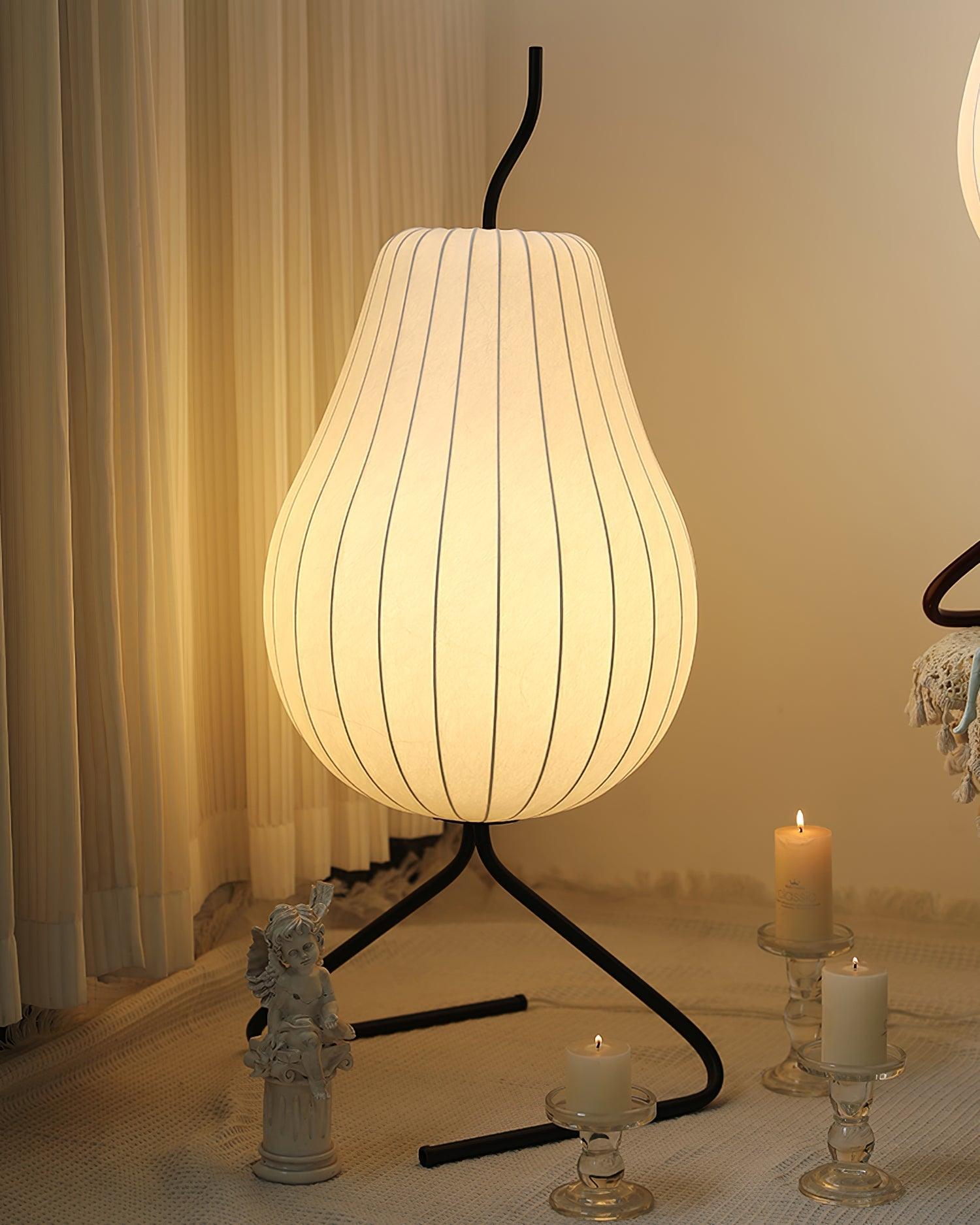 Elegant Silk Fabric Pear Floor Lamp for Living Room with Contemporary Black Metal Base