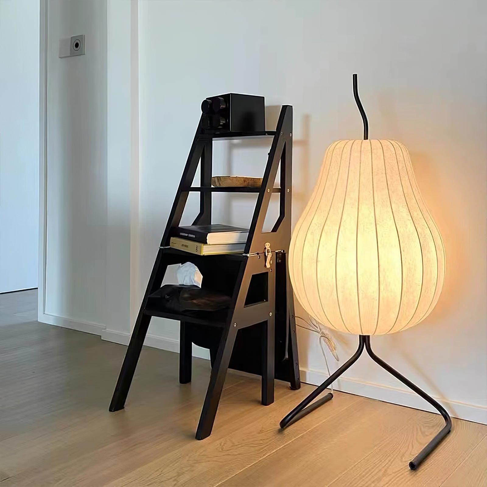 Elegant Silk Fabric Pear Floor Lamp for Living Room with Contemporary Black Metal Base
