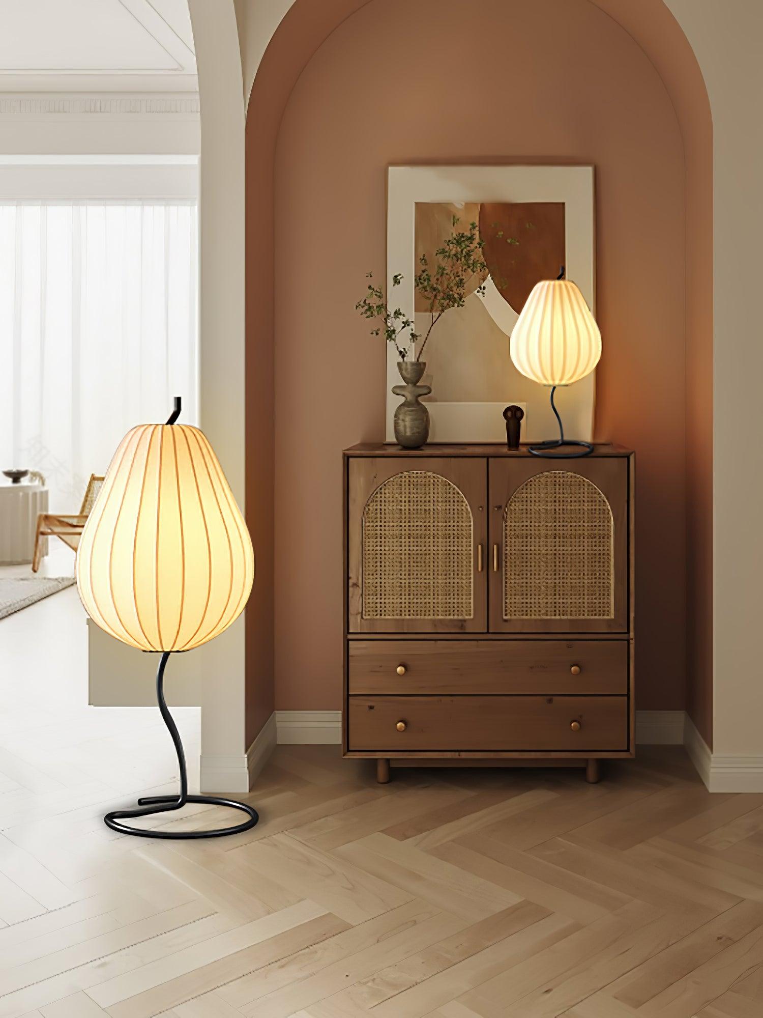 Elegant Silk Fabric Pear Floor Lamp for Living Room with Contemporary Black Metal Base