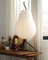 Elegant Silk Fabric Pear Floor Lamp for Living Room with Contemporary Black Metal Base