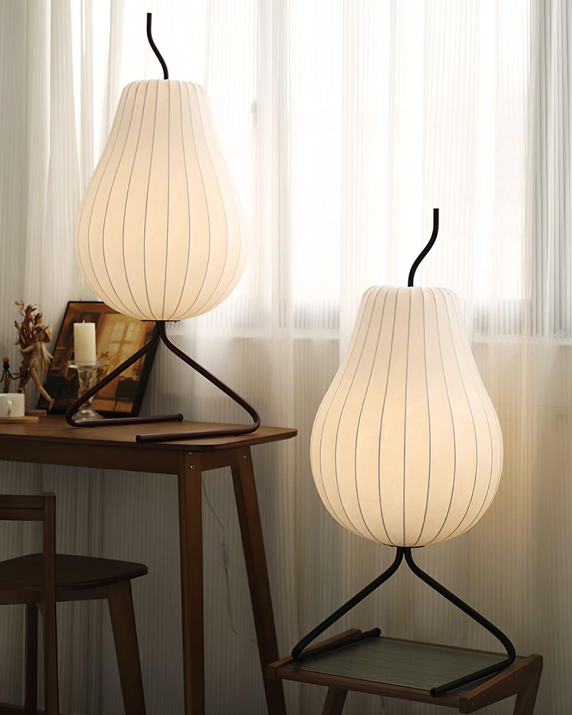 Elegant Silk Fabric Pear Floor Lamp for Living Room with Contemporary Black Metal Base