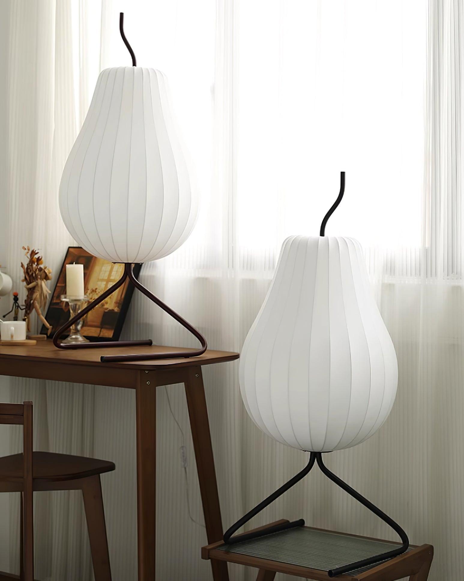 Elegant Silk Fabric Pear Floor Lamp for Living Room with Contemporary Black Metal Base