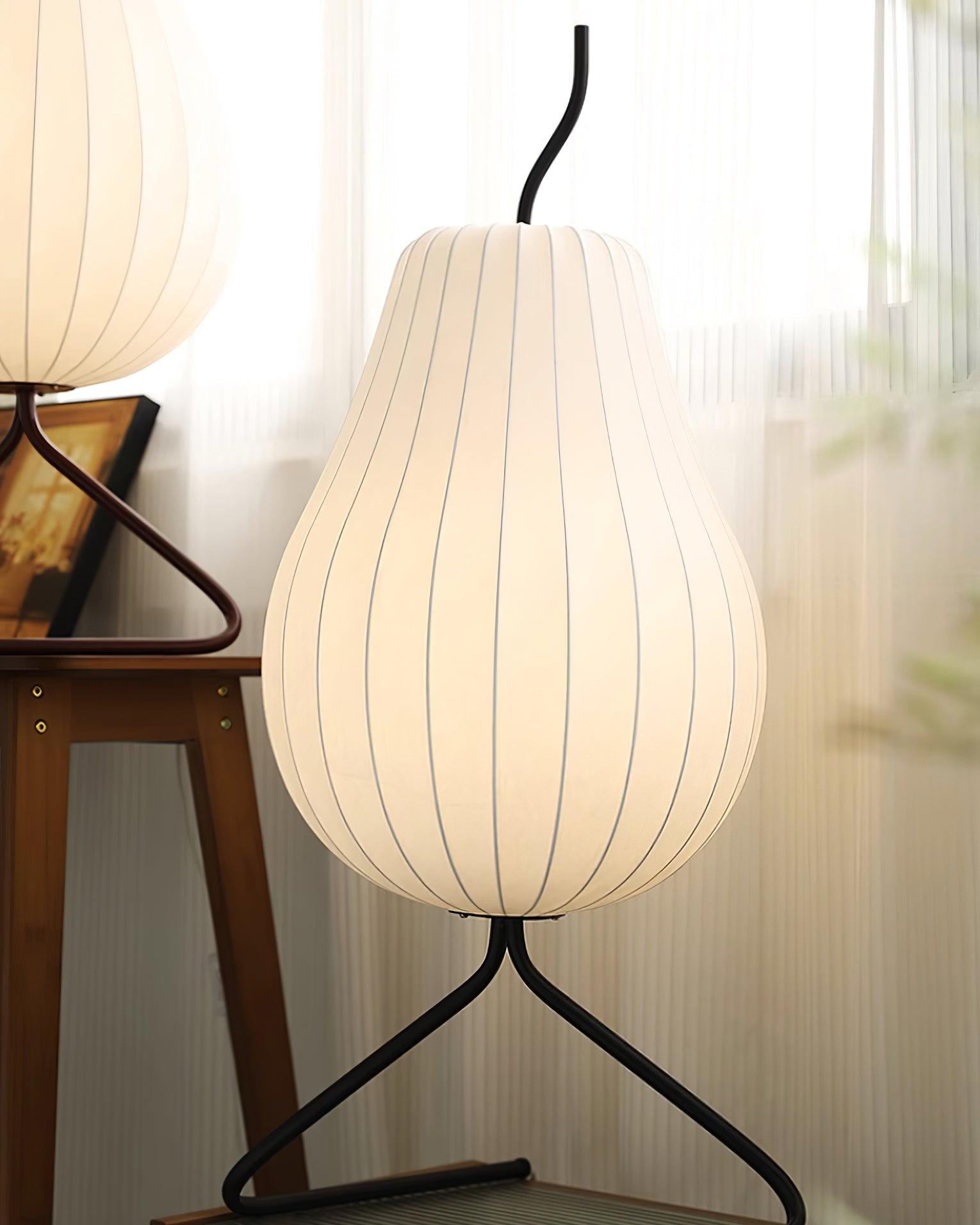 Elegant Silk Fabric Pear Floor Lamp for Living Room with Contemporary Black Metal Base