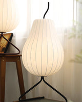 Elegant Silk Fabric Pear Floor Lamp for Living Room with Contemporary Black Metal Base