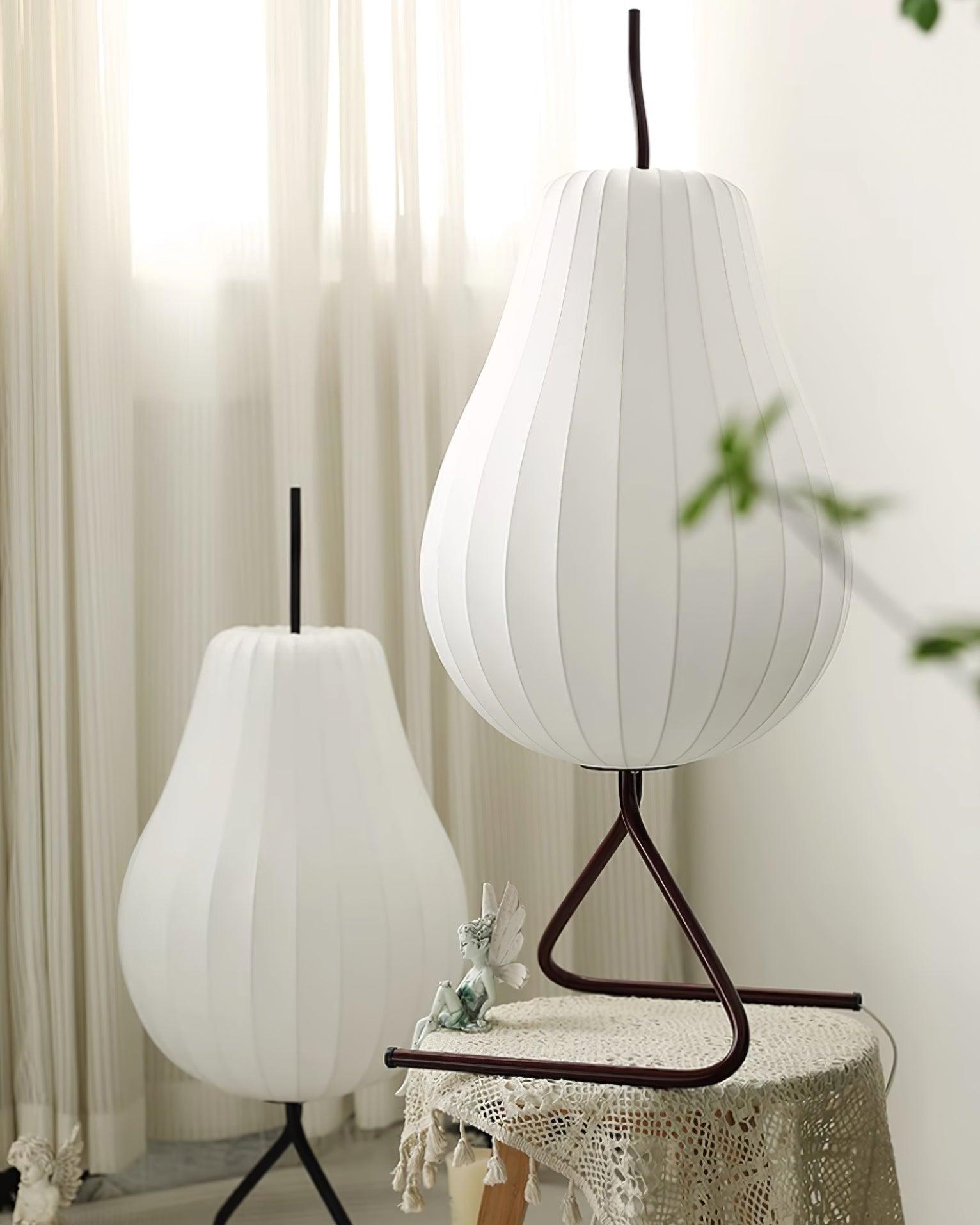 Elegant Silk Fabric Pear Floor Lamp for Living Room with Contemporary Black Metal Base
