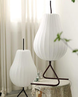 Elegant Silk Fabric Pear Floor Lamp for Living Room with Contemporary Black Metal Base