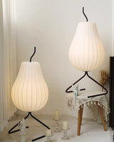Elegant Silk Fabric Pear Floor Lamp for Living Room with Contemporary Black Metal Base