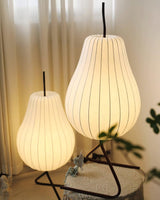 Elegant Silk Fabric Pear Floor Lamp for Living Room with Contemporary Black Metal Base