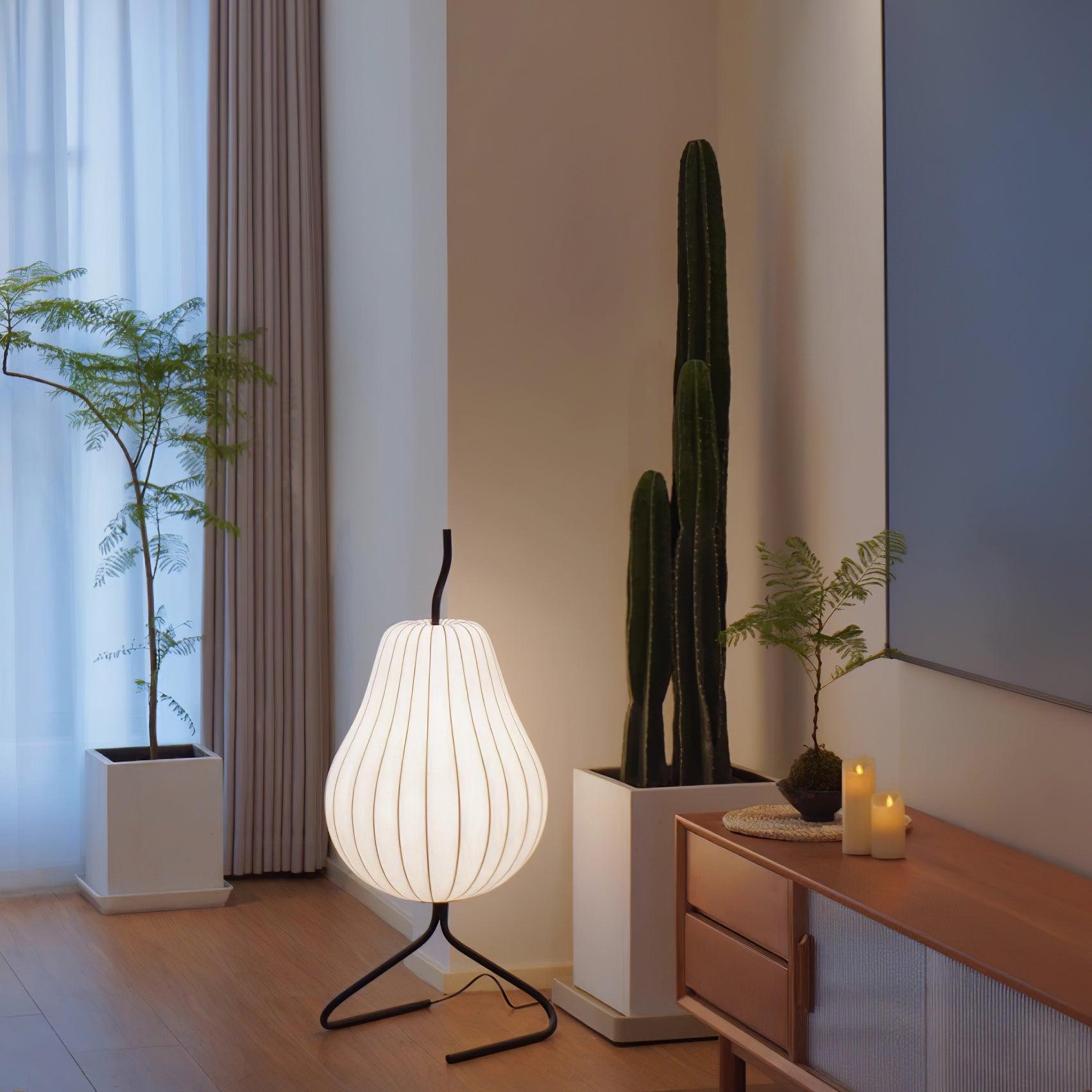 Elegant Silk Fabric Pear Floor Lamp for Living Room with Contemporary Black Metal Base