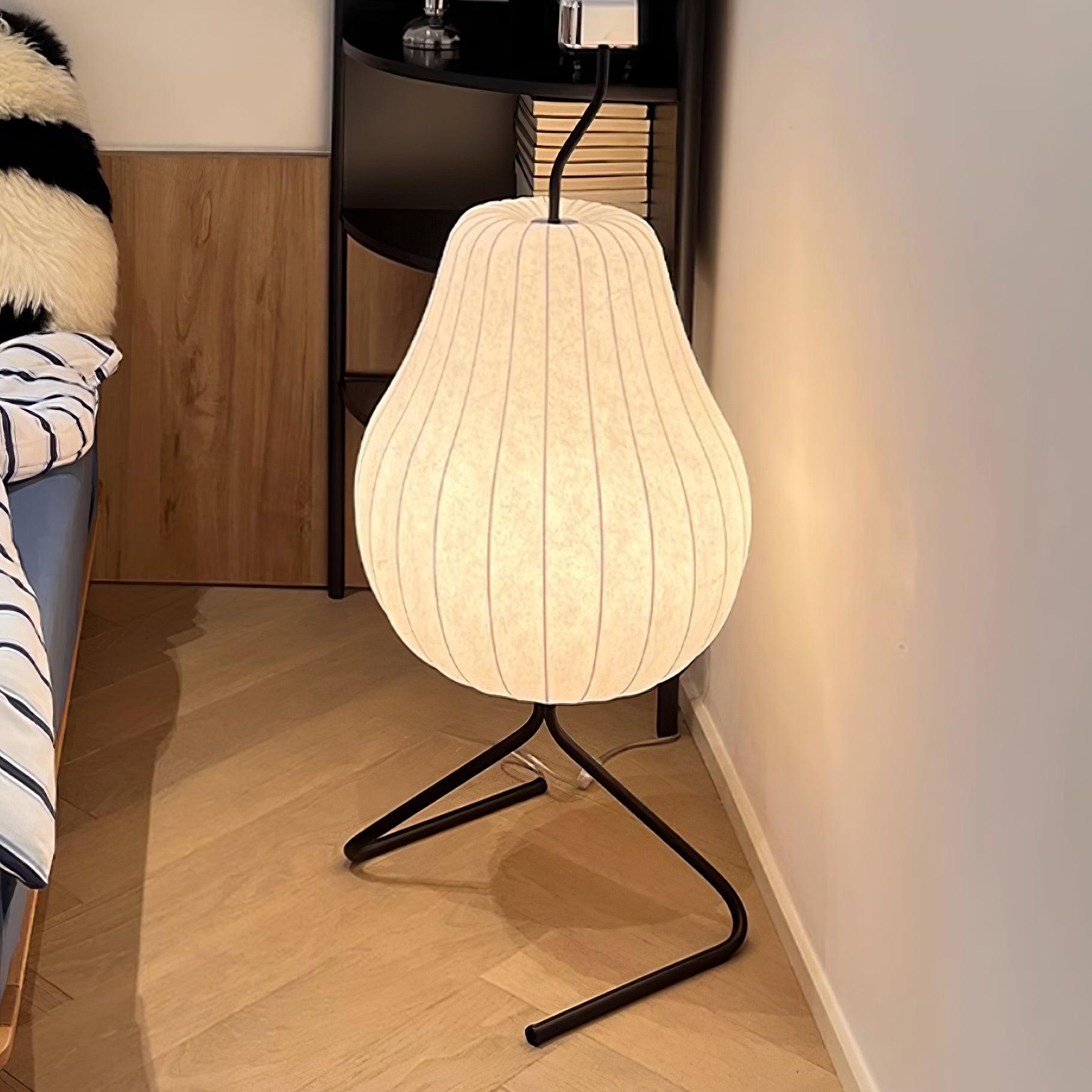 Elegant Silk Fabric Pear Floor Lamp for Living Room with Contemporary Black Metal Base