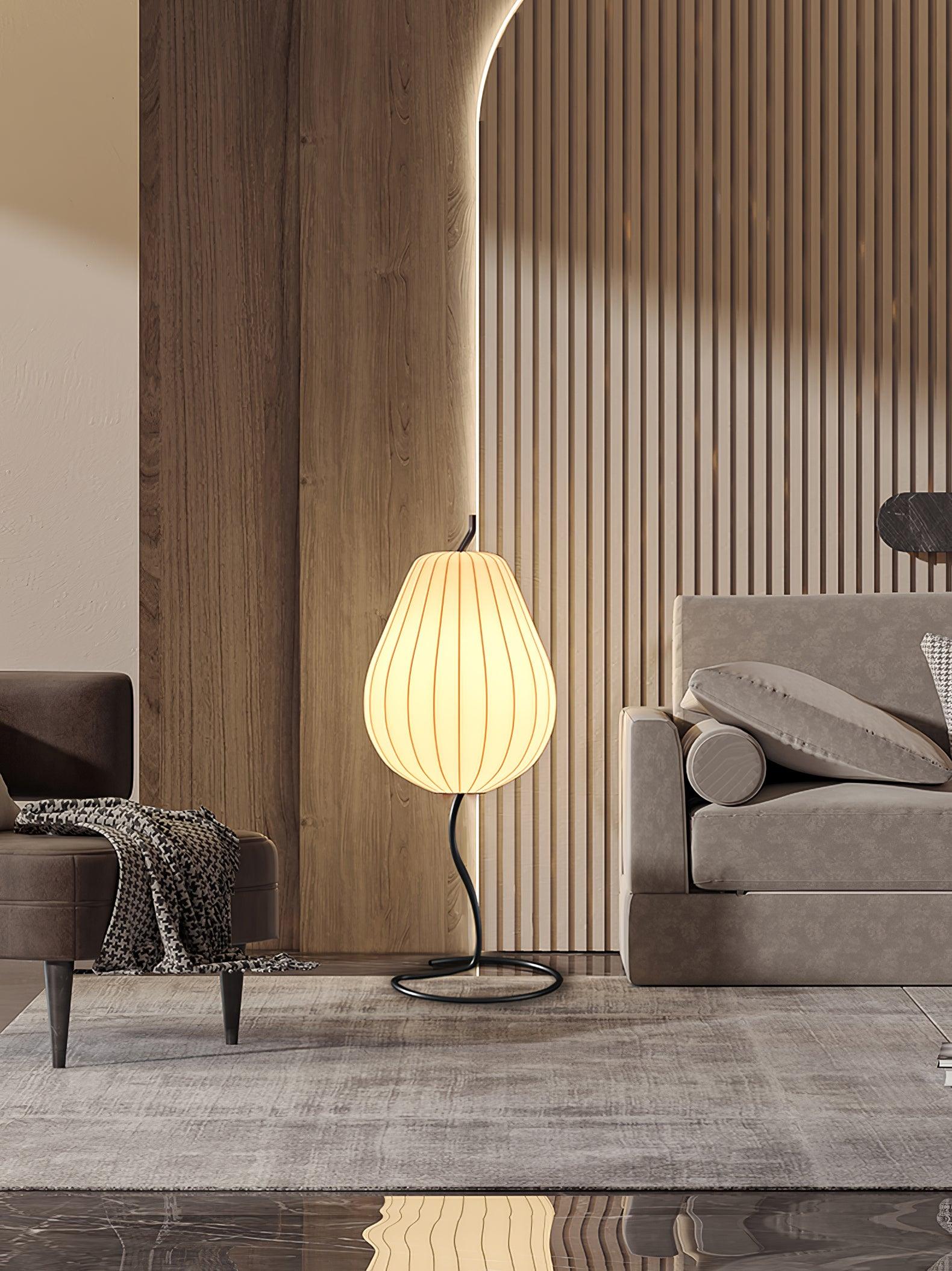 Elegant Silk Fabric Pear Floor Lamp for Living Room with Contemporary Black Metal Base