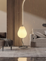 Elegant Silk Fabric Pear Floor Lamp for Living Room with Contemporary Black Metal Base