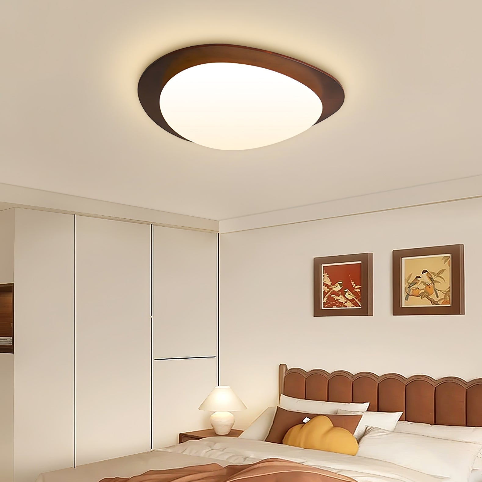 Mid Century Modern Pebble Walnut LED Ceiling Light Fixture with Adjustable Color Temperature