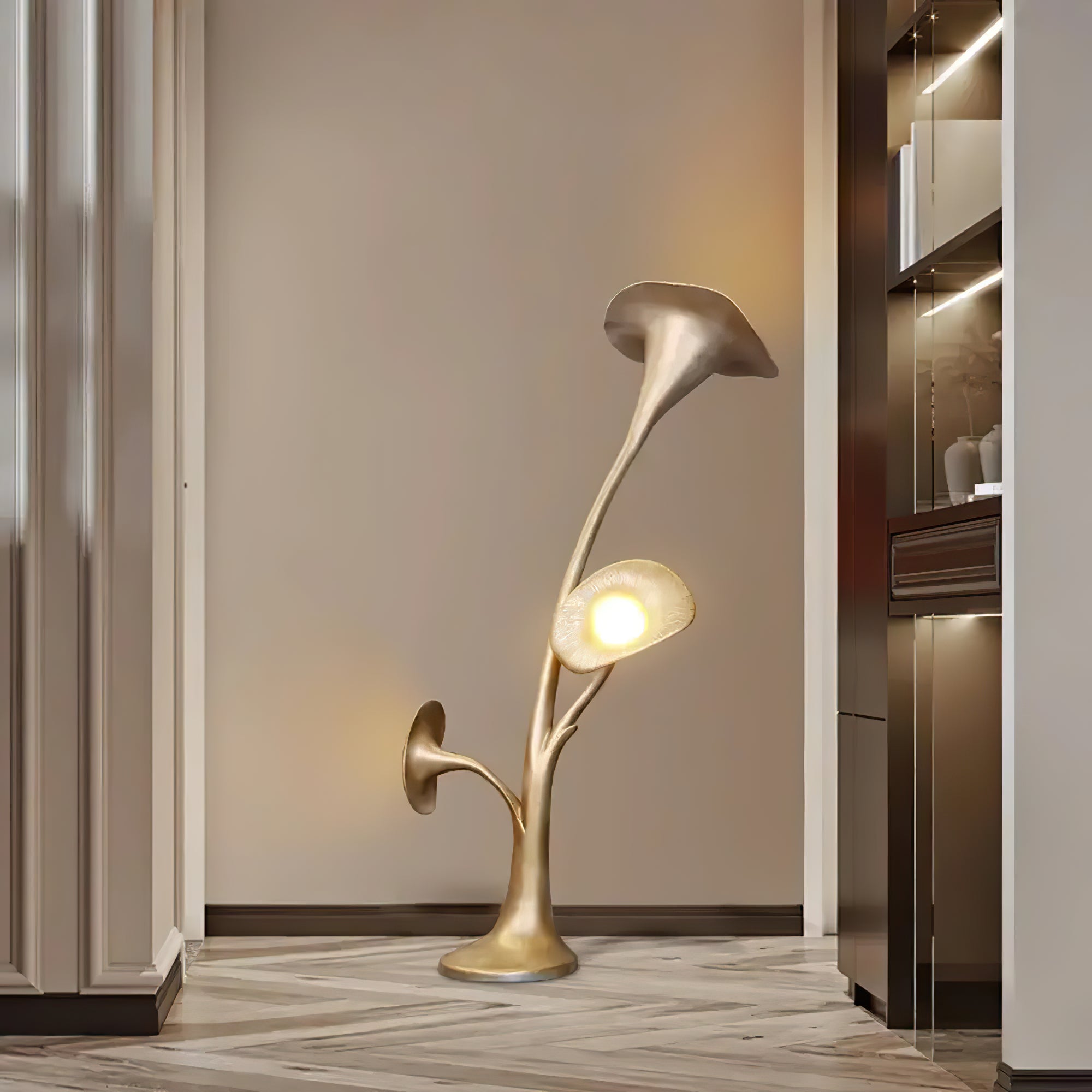 Modern Petunia Sculpture Torchiere Floor Lamp with Integrated LED Gold Finish