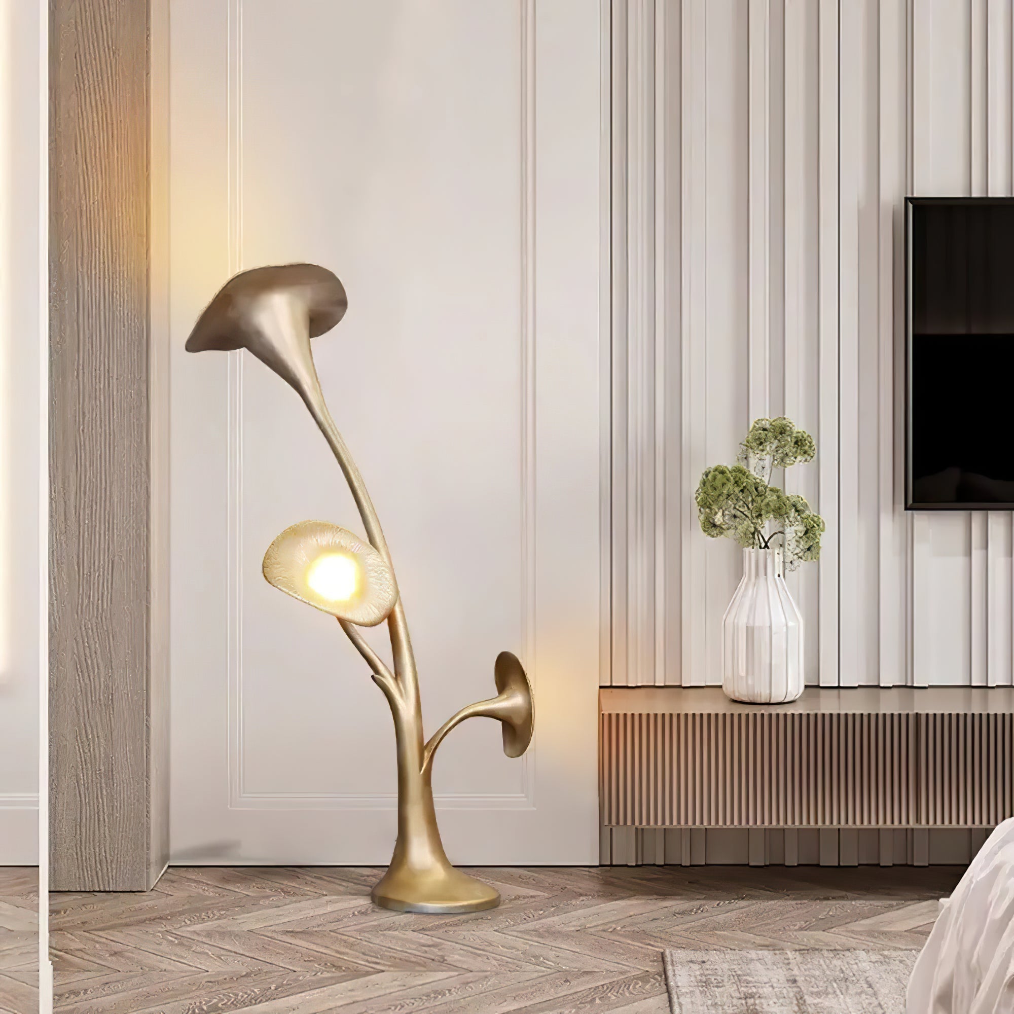 Modern Petunia Sculpture Torchiere Floor Lamp with Integrated LED Gold Finish