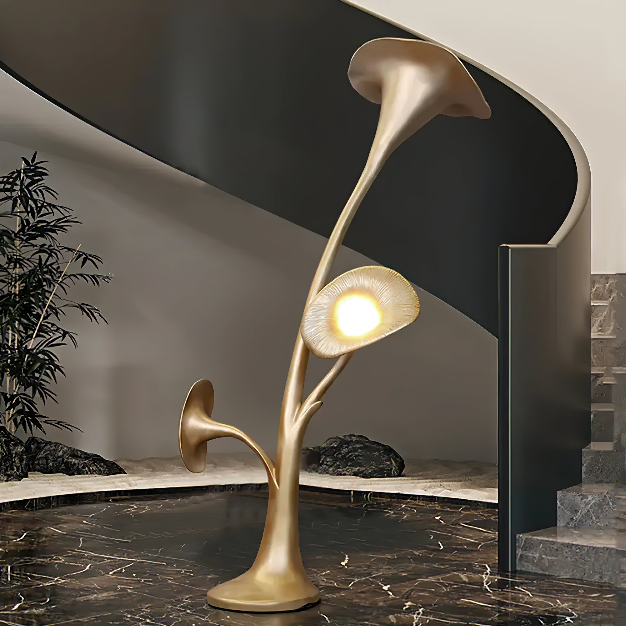 Modern Petunia Sculpture Torchiere Floor Lamp with Integrated LED Gold Finish