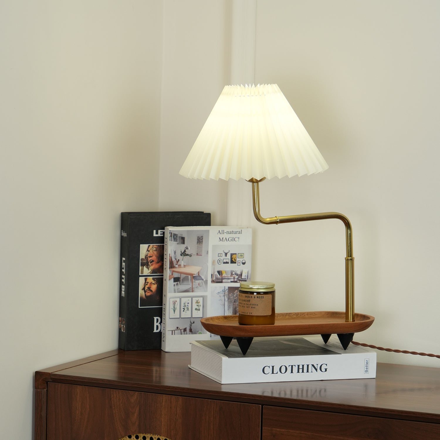 Nordic Wood Base Table Lamp with Pleated Fabric Shade and Candle Warmer Function