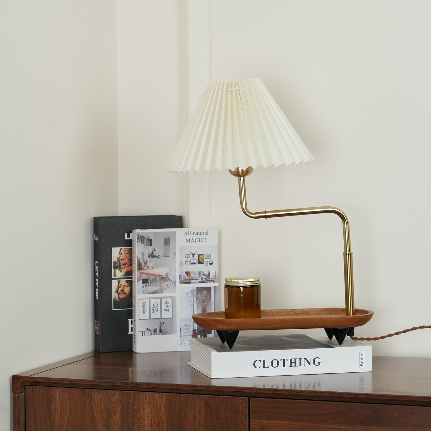 Nordic Wood Base Table Lamp with Pleated Fabric Shade and Candle Warmer Function