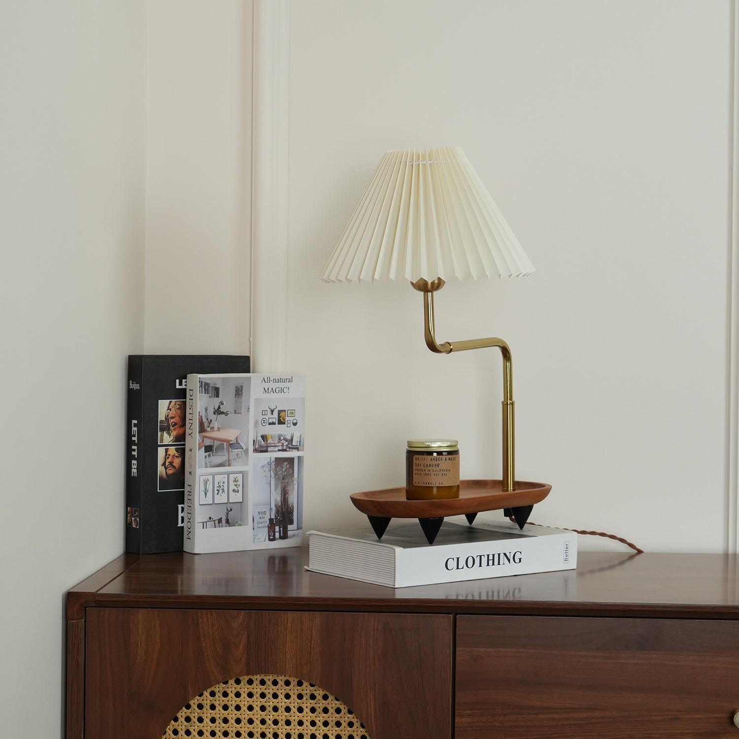 Nordic Wood Base Table Lamp with Pleated Fabric Shade and Candle Warmer Function