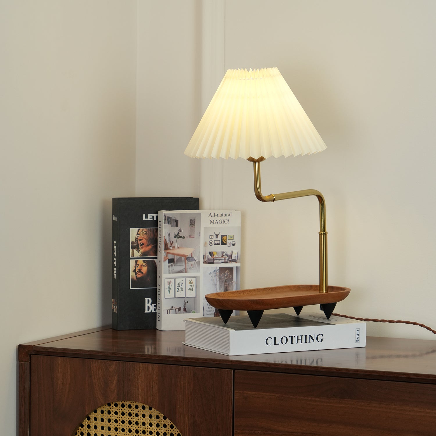 Nordic Wood Base Table Lamp with Pleated Fabric Shade and Candle Warmer Function