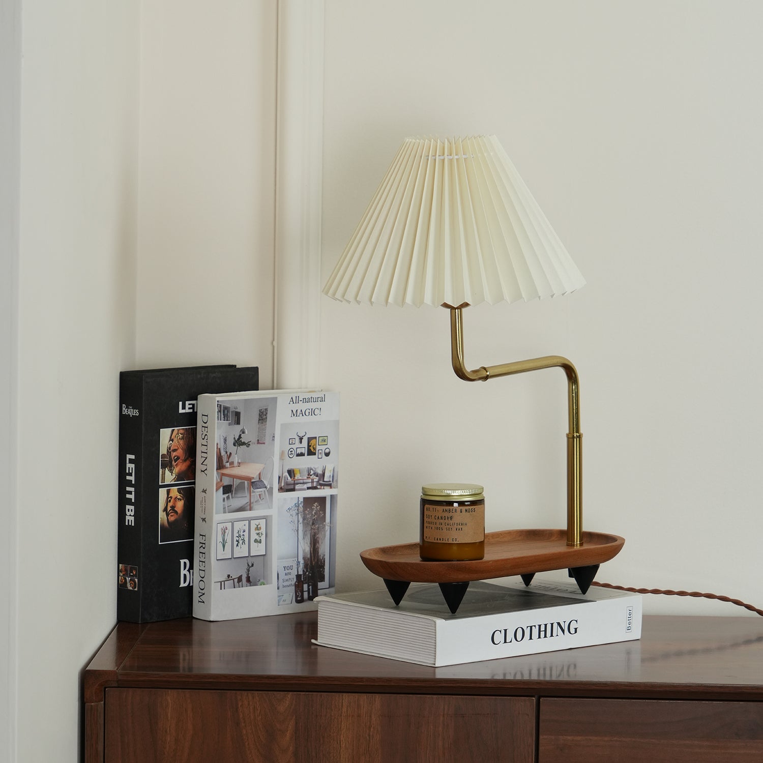 Nordic Wood Base Table Lamp with Pleated Fabric Shade and Candle Warmer Function