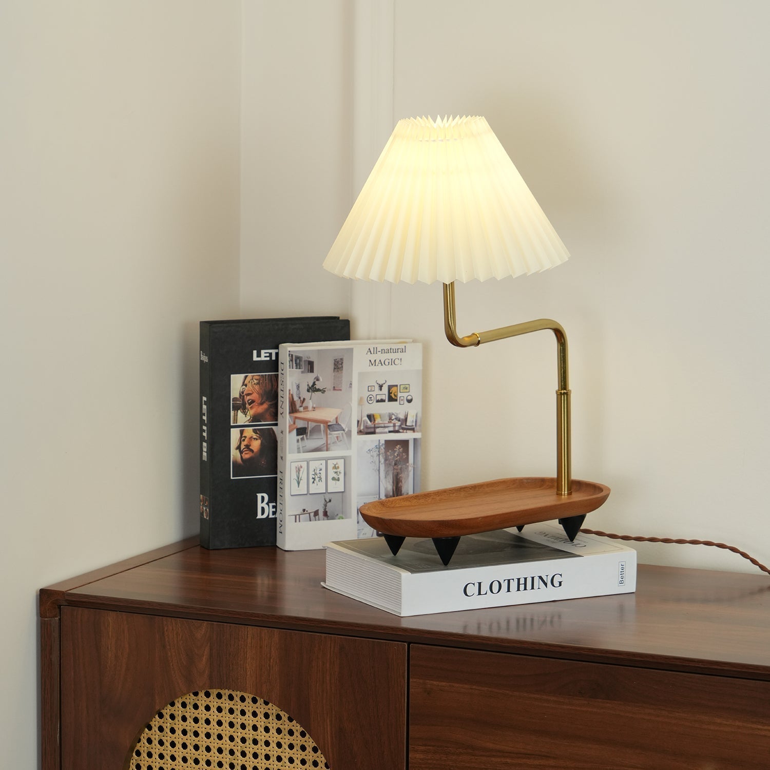 Nordic Wood Base Table Lamp with Pleated Fabric Shade and Candle Warmer Function