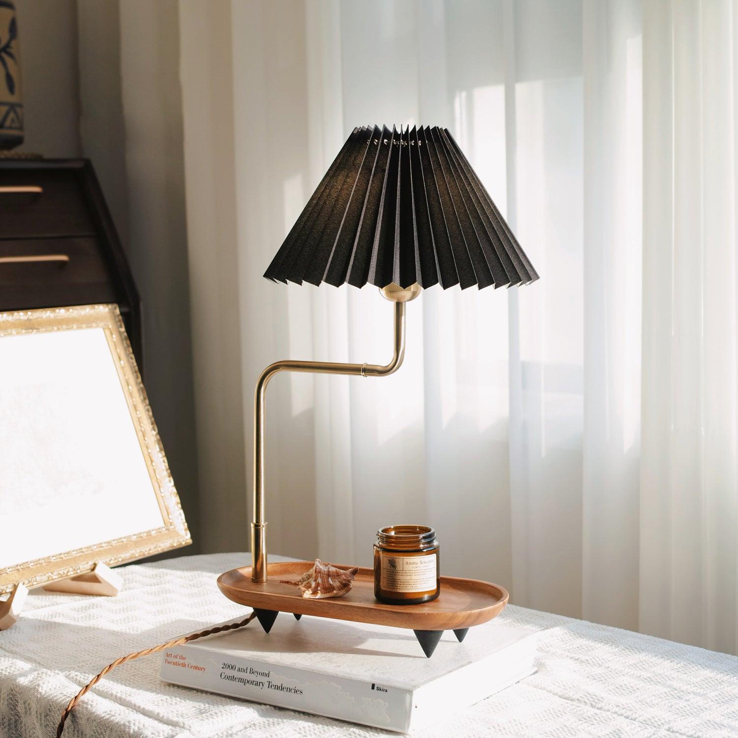 Nordic Wood Base Table Lamp with Pleated Fabric Shade and Candle Warmer Function