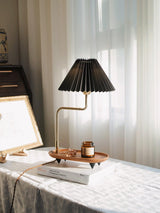 Nordic Wood Base Table Lamp with Pleated Fabric Shade and Candle Warmer Function