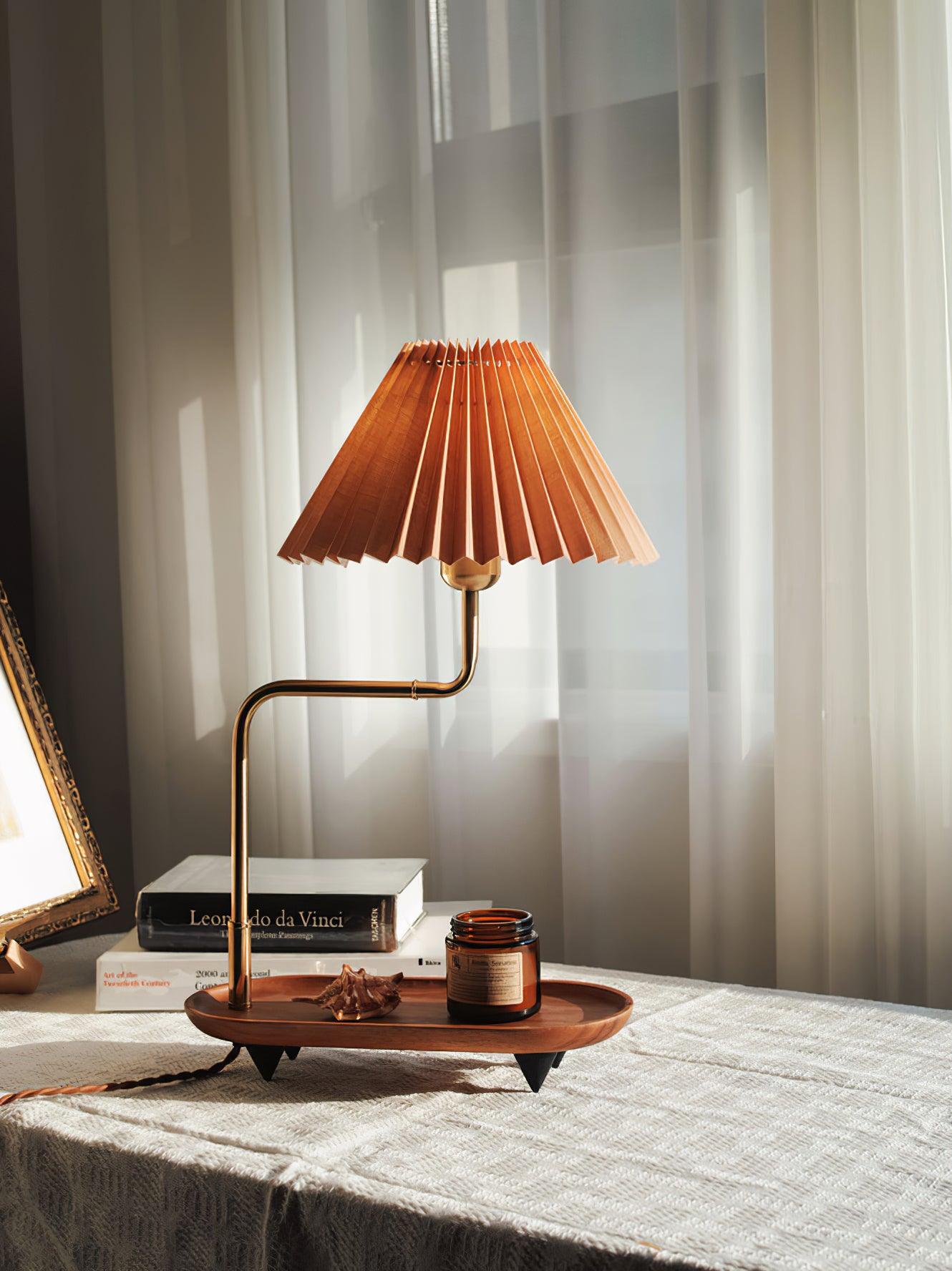 Nordic Wood Base Table Lamp with Pleated Fabric Shade and Candle Warmer Function