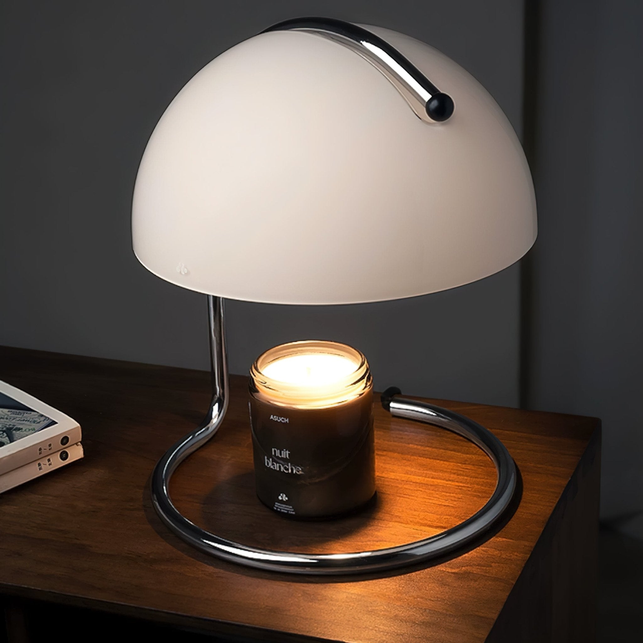 Modern Minimalist Chrome Table Lamp with Glass Shade for Reading and Candle Warming
