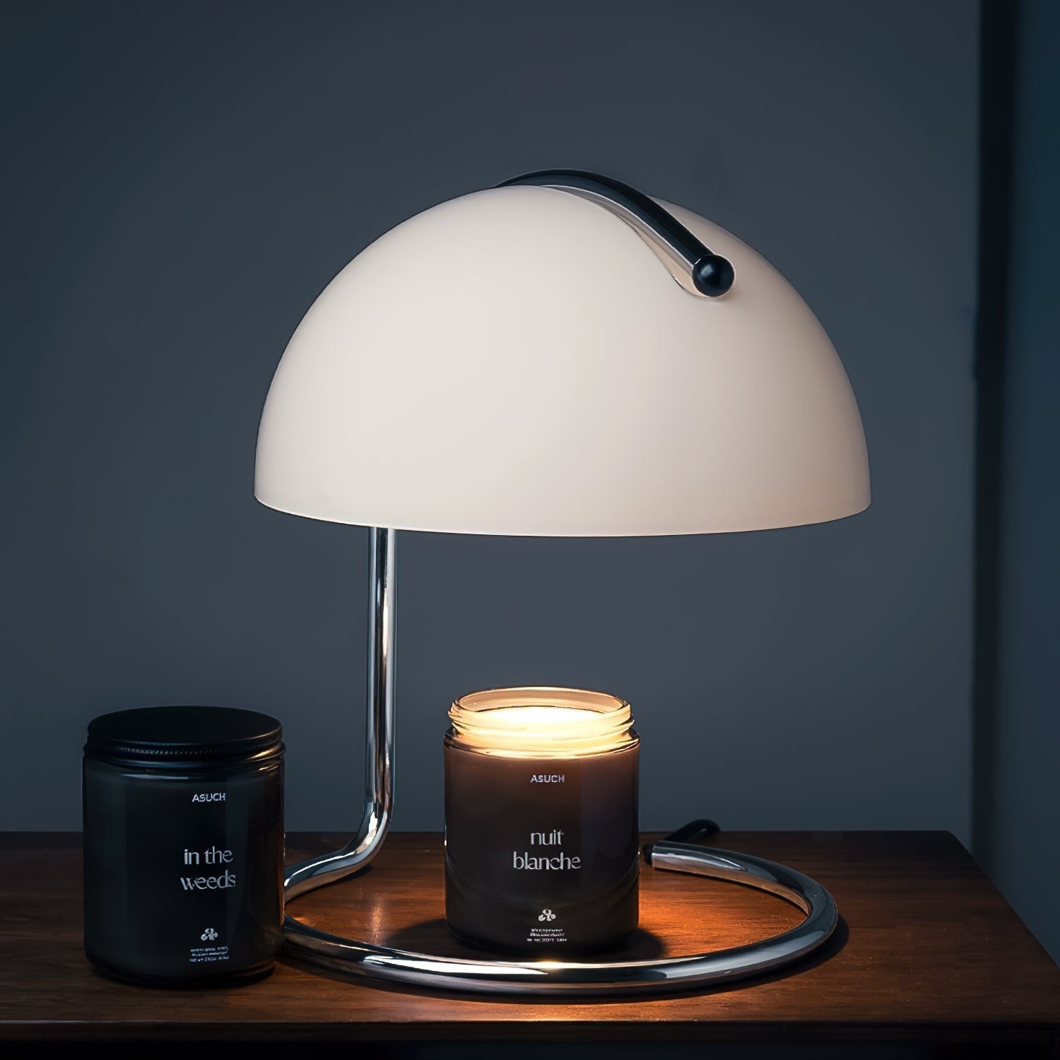 Modern Minimalist Chrome Table Lamp with Glass Shade for Reading and Candle Warming