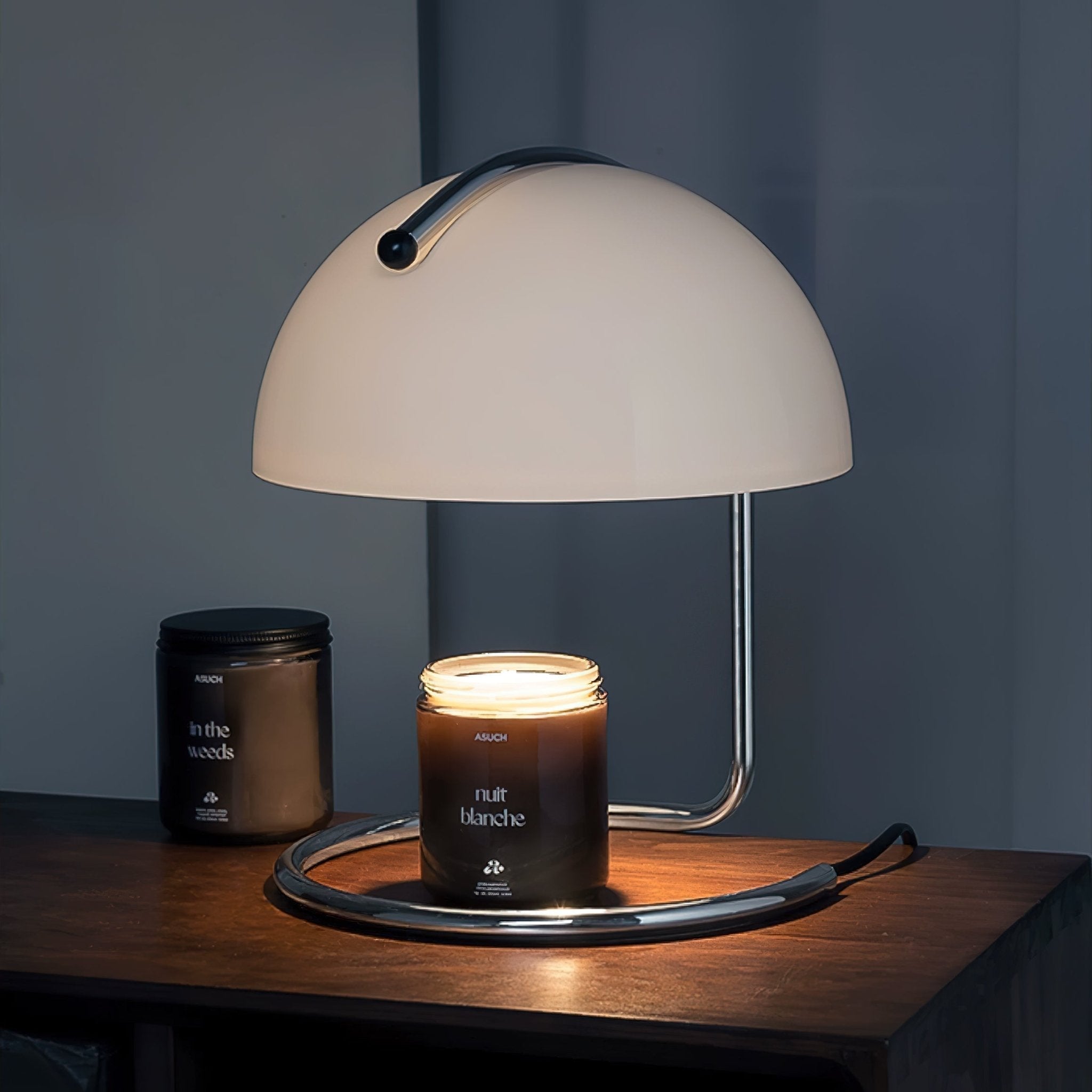 Modern Minimalist Chrome Table Lamp with Glass Shade for Reading and Candle Warming