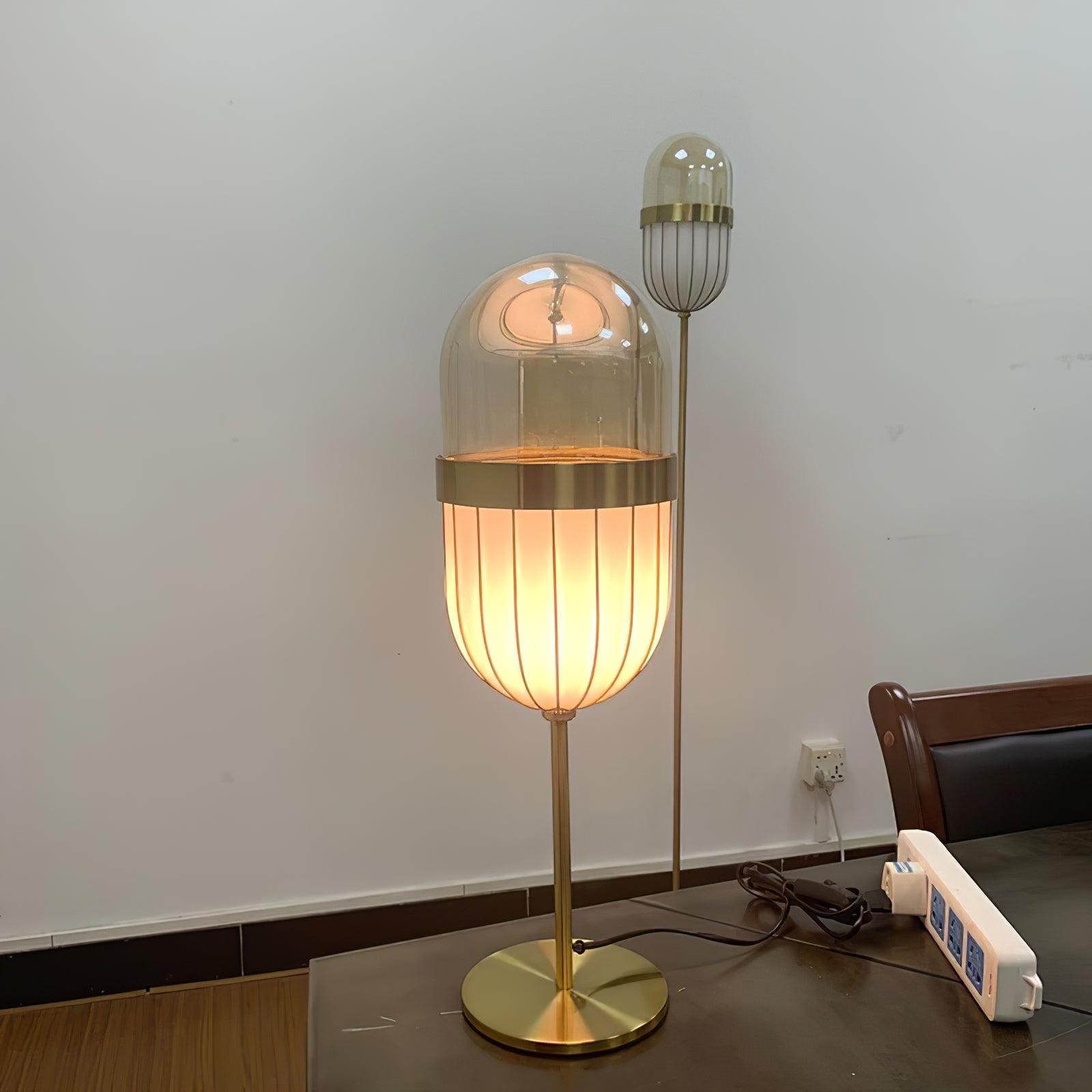 Modern Gold Pill Table Lamp with Mouth Blown Glass Shade for Office and Bedroom Ambient Lighting