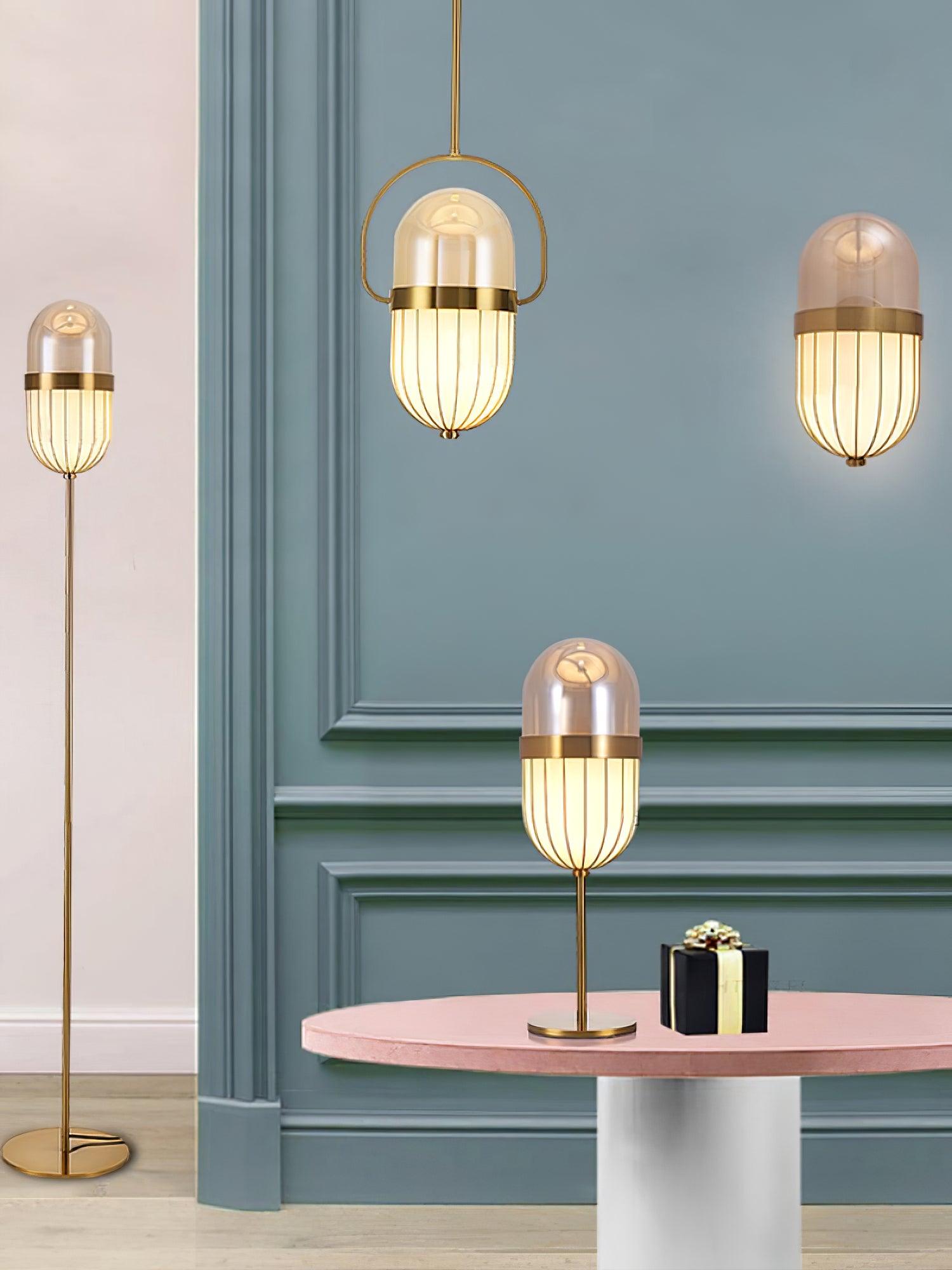 Modern Gold Pill Table Lamp with Mouth Blown Glass Shade for Office and Bedroom Ambient Lighting