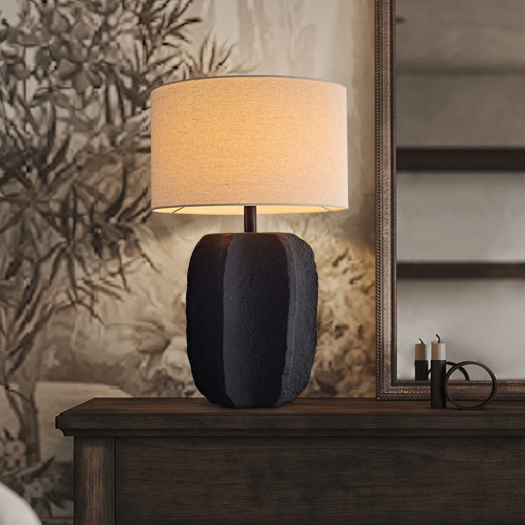 handcrafted-black-geometric-ceramic-table-lamp-with-white-fabric-shade-for-modern-living-room