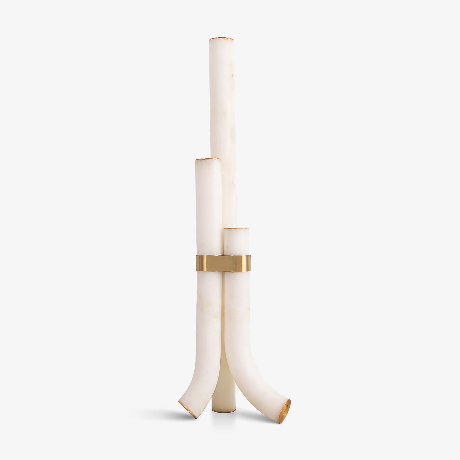 Minimalist Piped Alabaster Floor Lamp with Natural Stone Shades and Brass Body