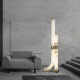 Minimalist Piped Alabaster Floor Lamp with Natural Stone Shades and Brass Body