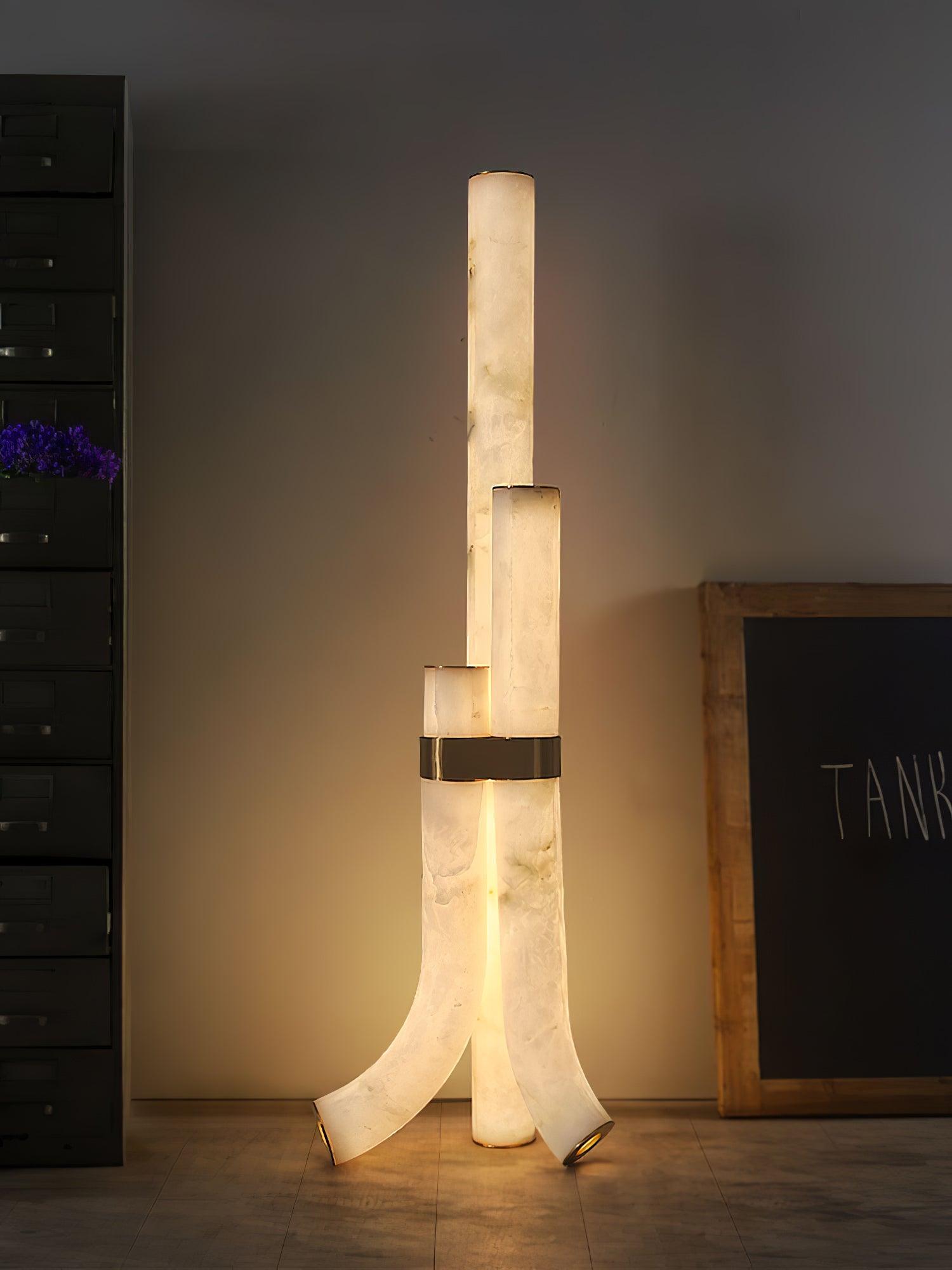 Minimalist Piped Alabaster Floor Lamp with Natural Stone Shades and Brass Body