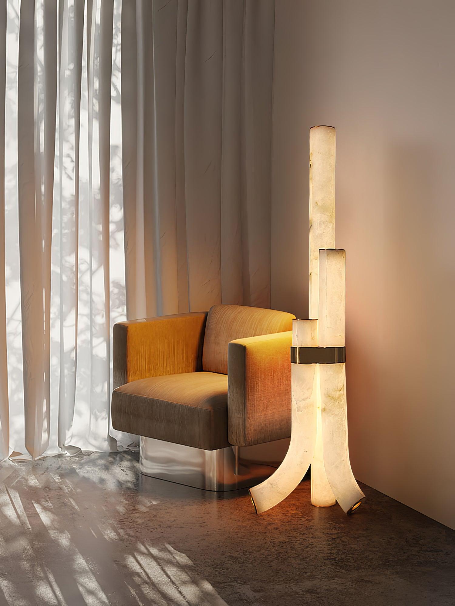 Minimalist Piped Alabaster Floor Lamp with Natural Stone Shades and Brass Body