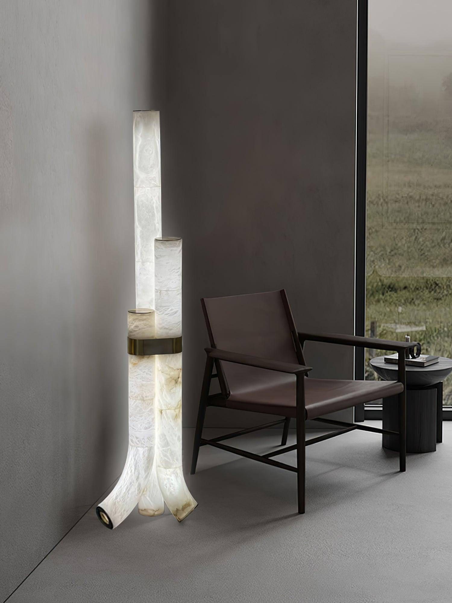 Minimalist Piped Alabaster Floor Lamp with Natural Stone Shades and Brass Body